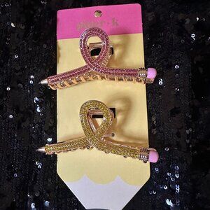 Piper K Pencil Pink and Yellow/green Rhinestone Hair Clipss Set 2- NWT